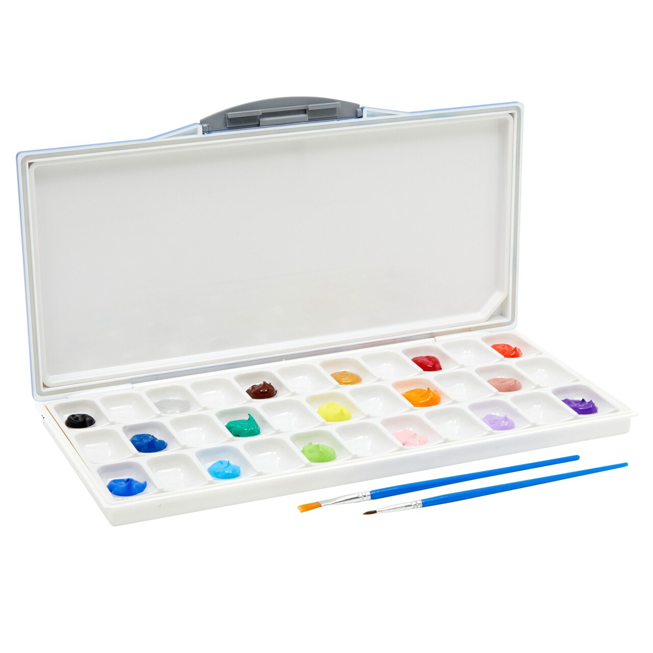 33-Well Portable Paint Palette with Lid, 2 Paint Brushes, 10 Sheets of Paper for Acrylic, Oil Coloring (12.6 x 6 x 1 in)